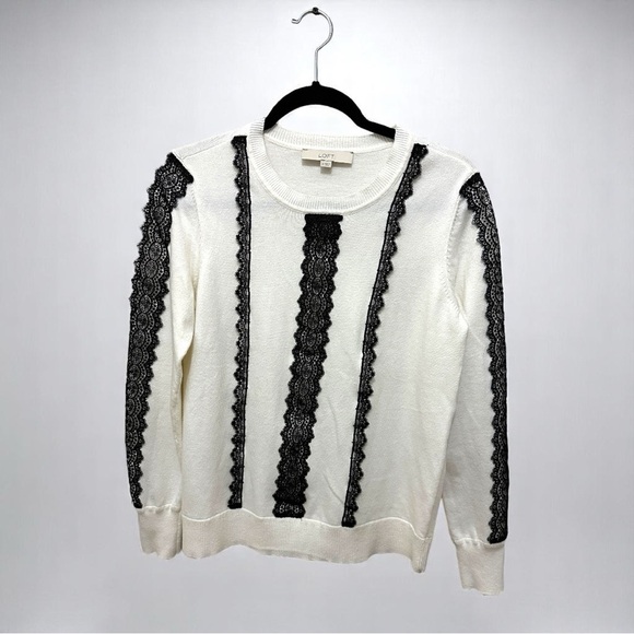 120 LOFT | NWOT White Pullover Sweater with Black Lace Trim (Size M) - Picture 2 of 7